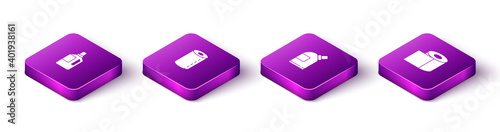 Set Isometric Fabric softener, Paper towel roll, Bottles for cleaning agent and Toilet paper icon. Vector.