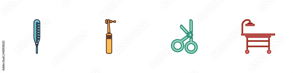 Set Medical thermometer, Tooth drill, scissors and Operating table icon. Vector. Set Medical thermometer, Tooth drill, scissors and Operating table icon. Vector.