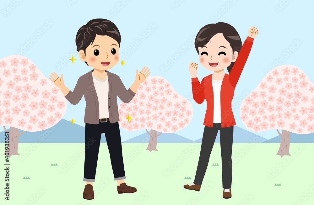 Young men and women in front of Sakura in spring Young men and women in front of Sakura in spring