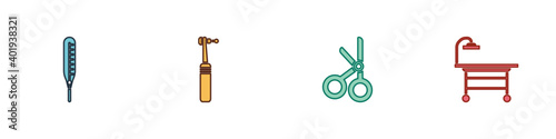 Set Medical thermometer, Tooth drill, scissors and Operating table icon. Vector.