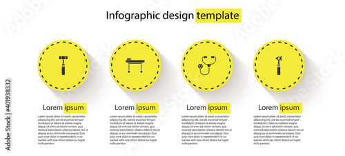 Set Neurology reflex hammer, Stretcher, Stethoscope and Medical otoscope tool. Business infographic template. Vector.