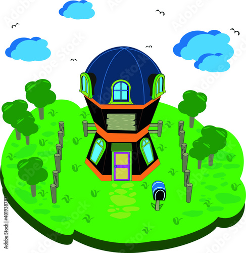 Vector house, cabin, imaginary accommodation on green grass and green trees surrounding.