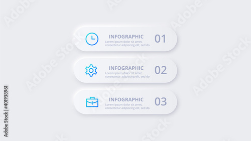 Neumorphic banners for infographic. Template for diagram, graph, presentation and chart. Skeuomorph concept with 3 options, parts, steps or processes