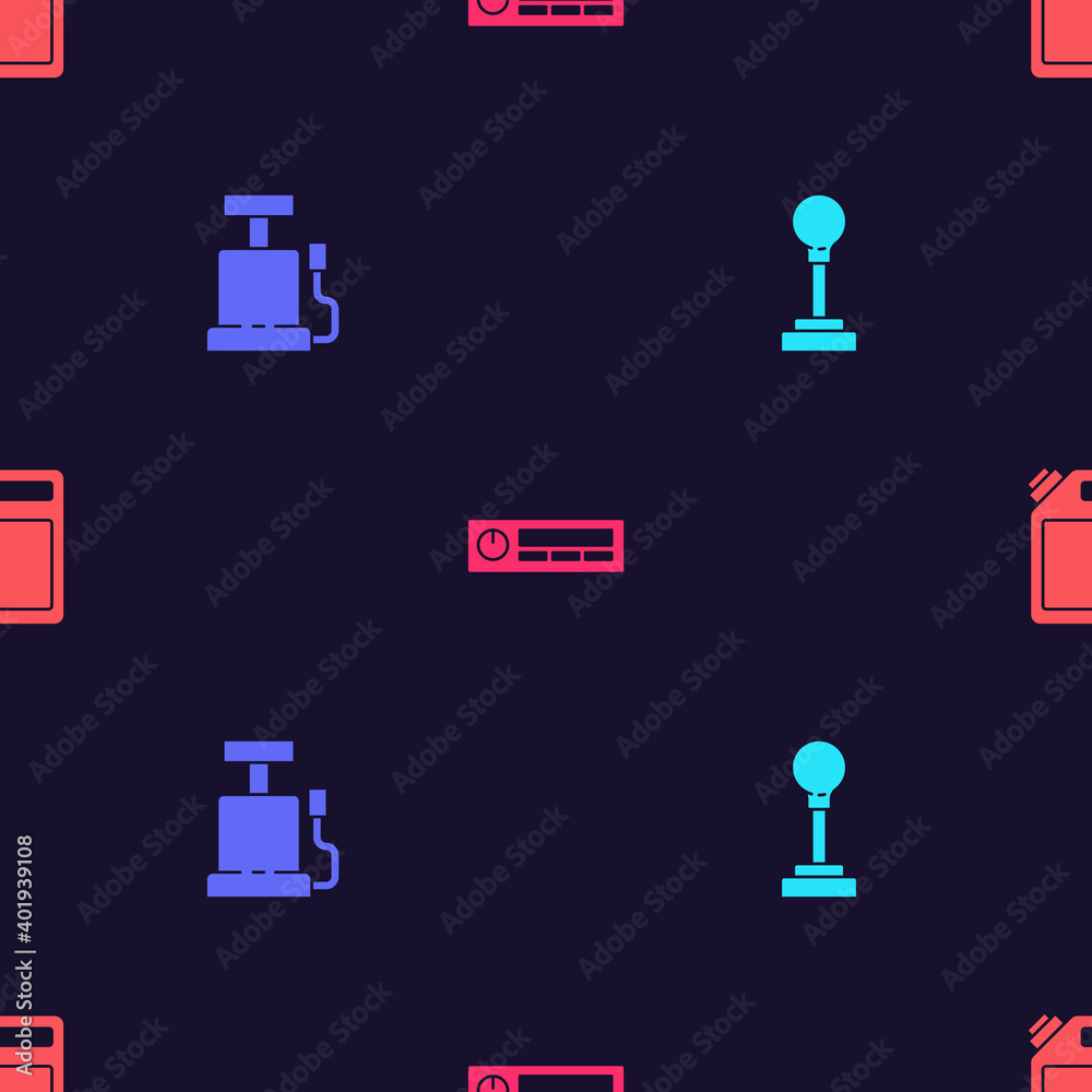 Set Gear shifter, Car air pump, Audio and Canister for gasoline on seamless pattern. Vector. Set Gear shifter, Car air pump, Audio and Canister for gasoline on seamless pattern. Vector.