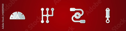 Set Speedometer, Gear shifter, Car battery jumper power cable and Shock absorber icon. Vector.