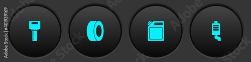 Set Car key with remote, tire, Canister for gasoline and muffler icon. Vector.