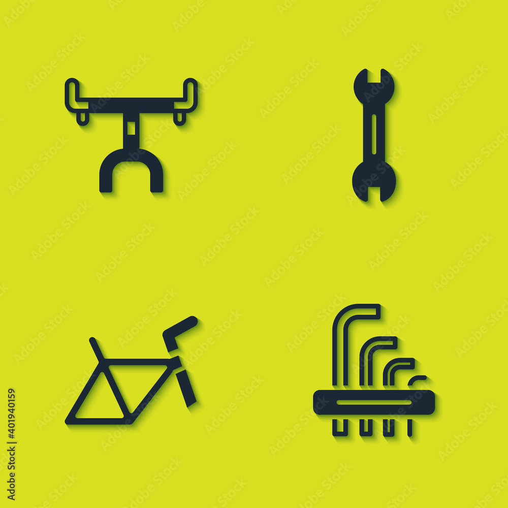 Set Bicycle handlebar, Tool allen keys, frame and Wrench spanner icon. Vector. Set Bicycle handlebar, Tool allen keys, frame and Wrench spanner icon. Vector.