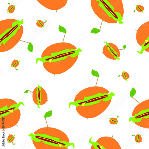 Vegetarian burger with salad, tomato tofu cutlet, cheddar and green leaf above in seamless pattern on white. Suits for wrapping, packaging, boxing. 