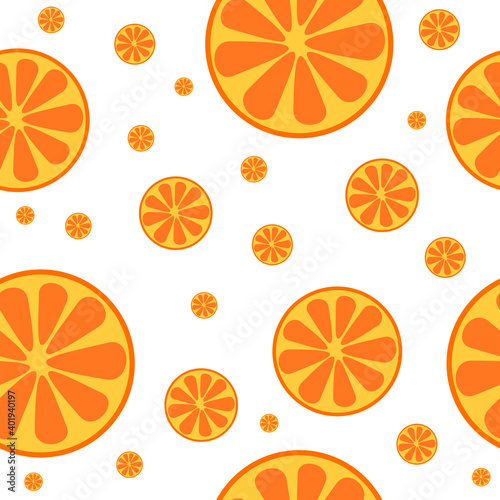 Abstract orange or mandarin slices in seamless pattern on white. Simple and flat hand drawn design. Suits for wrapping, packaging, boxing. Great as background, banner or fabric. Vitamin C attack.