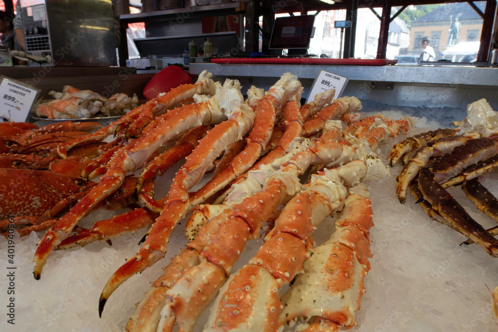 Lobster and king crab at the fish market in Bergen, Norway Lobster and king crab at the fish market in Bergen, Norway