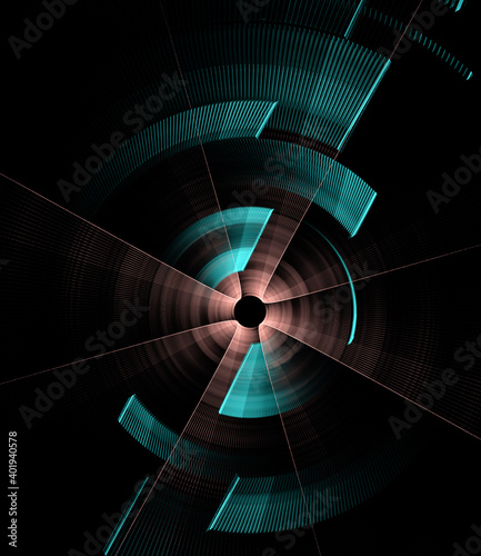 Fotografia The copper and turquoise segments and straight blades of the abstract engine revolve against a black background