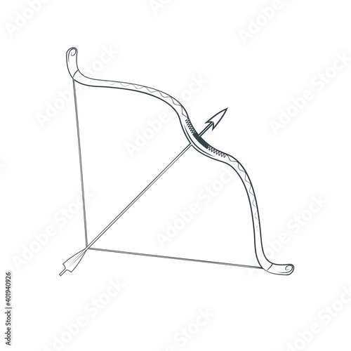 Outline Vector flat design web icon in black color. Bow and arrow illustration as a symbol of sagittarius astrology zodiac sign and sport or hunting weapon.