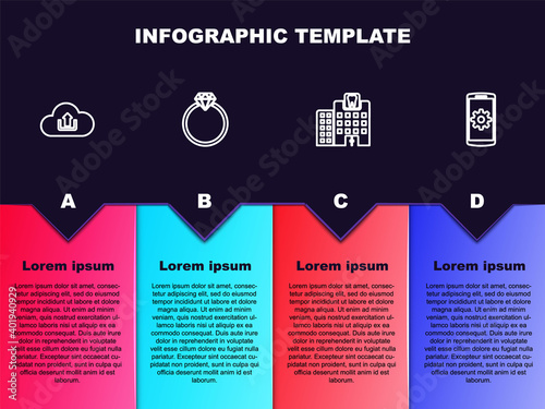 Set line Cloud upload, Diamond engagement ring, Dental clinic and Setting smartphone. Business infographic template. Vector.