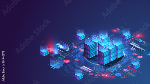 Server room data center. Backup, mining, hosting, mainframe, farm. Hosting server isometric. Network mainframe infrastructure website header layout. Computer storage or farming workstation. Vector