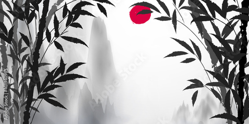 Background picture white mountain and white fog and bamboo