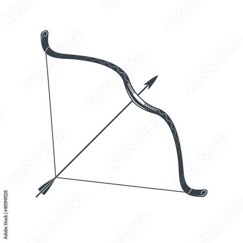 Vector flat design web icon in black color. Bow and arrow illustration as a symbol of sagittarius astrology zodiac sign and sport or hunting weapon.