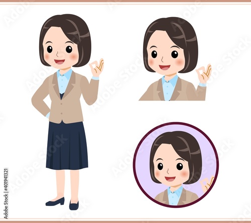 Young woman in beige suit