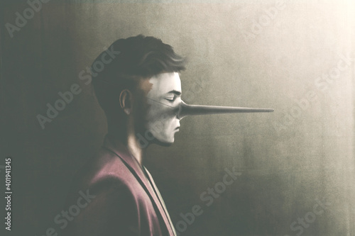 Obraz na plátně illustration of portrait of cynical liar man with long nose, surreal concept