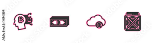 Set line Bitcoin think, Cryptocurrency cloud mining, bitcoin and ASIC Miner icon. Vector.