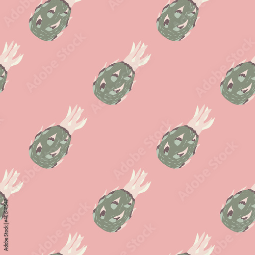 Pastel tones seamless pattern with grey abstract dragon fruit silhouettes on light pink background.
