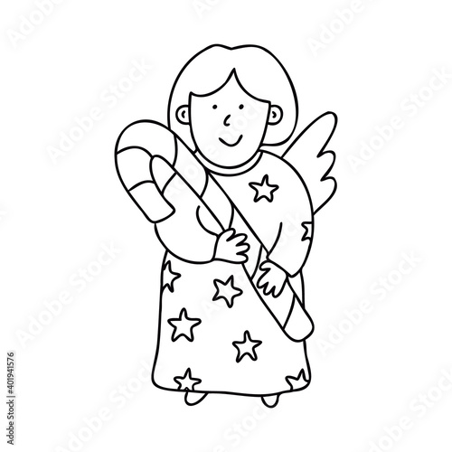 Cute cheerful little angel with a candy cane in doodle sketch style.  Vector illustration. Isolated black outline. Great for greeting Xmas cards design.