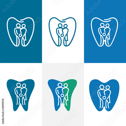 Abstract family dental care icon set. Sophisticated dental practice logo. Simple tooth symbol in linear drawing. Health care concept. Vector illustration.