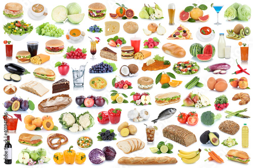 Fototapeta Naklejka Na Ścianę i Meble -  Food and drink collection background collage healthy eating fruits vegetables fruit drinks isolated