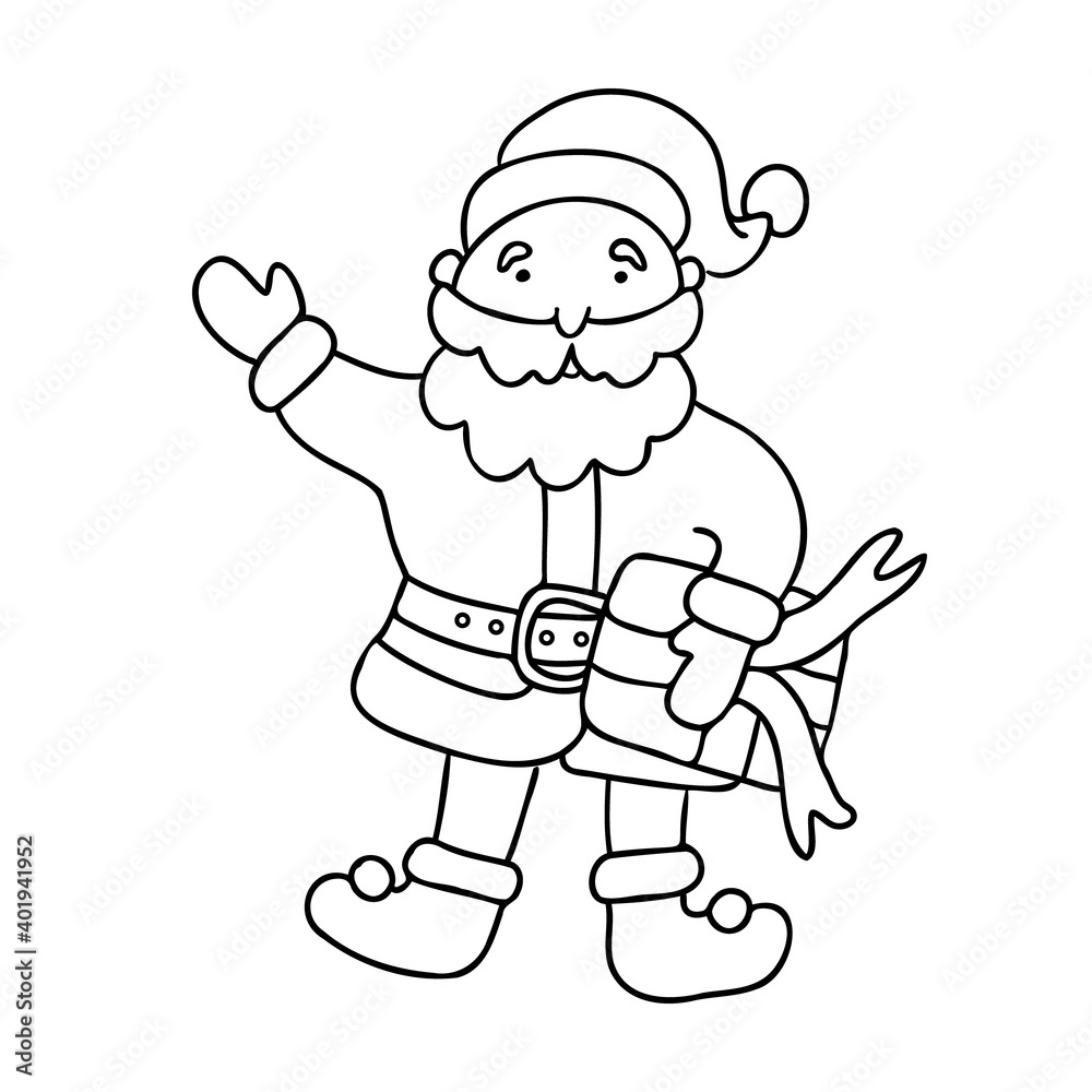 Cute cheerful Santa with a gift box in doodle sketch style.  Vector illustration. Isolated black outline. Great for greeting Xmas cards design..