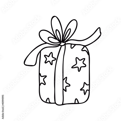 Present tight up with ribbon bow and decorated with stars. Doodle cartoon vector illustration of gift box for Christmas or Birthday. Hand drawn sketch isolated on white, black outline.