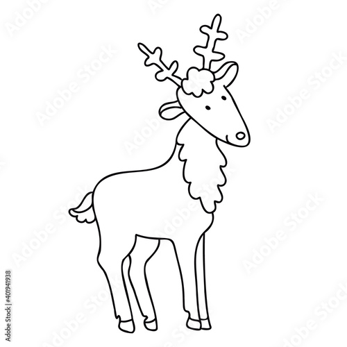Cute cartoon reindeer in doodle sketch style. Vector hand drawn  illustration on white background. Isolated black outline. Great for greeting Xmas cards design.