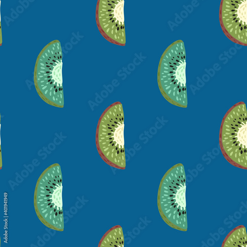 Seamless minimalistic style pattern with green and blue colored kiwi ornament. Navy blue background.