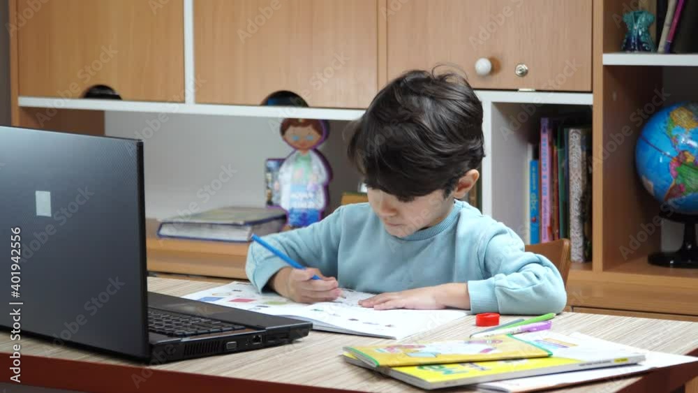 Primary education and online learning. Social distance study in the pandemic process. 4K Primary education and online learning. Social distance study in the pandemic process. 4K