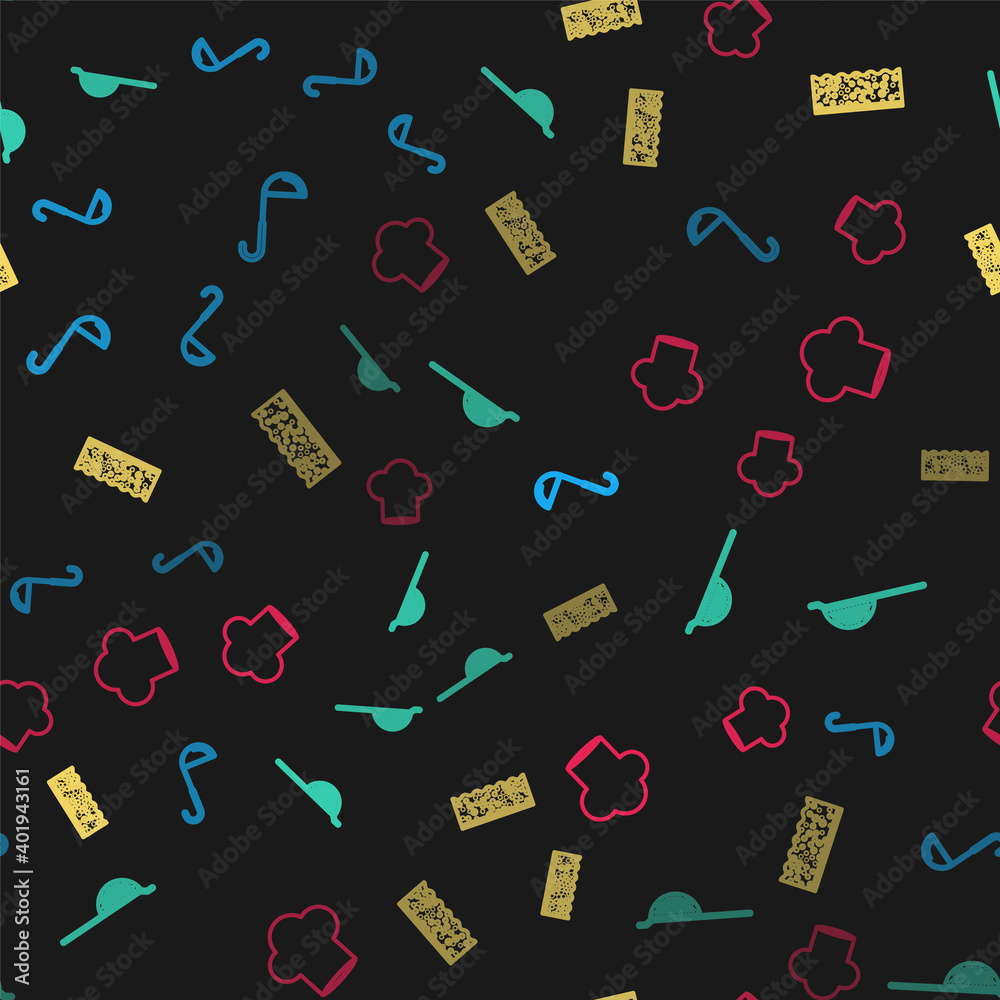 Set line Kitchen ladle, colander, Sponge with bubbles and Chef hat on seamless pattern. Vector. Set line Kitchen ladle, colander, Sponge with bubbles and Chef hat on seamless pattern. Vector.