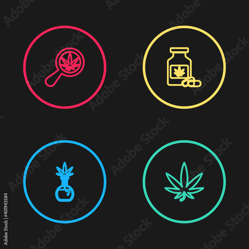 Set line Test tube with marijuana, Marijuana or cannabis leaf, Medical bottle and Magnifying glass and icon. Vector.