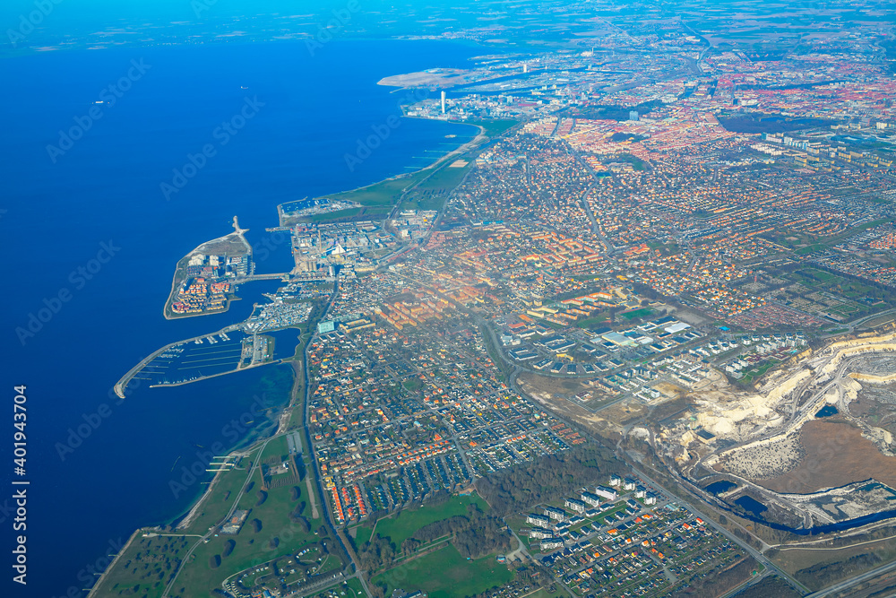 Oresund bay and swedish coast . Aerial view of Malmo city in Sweden 