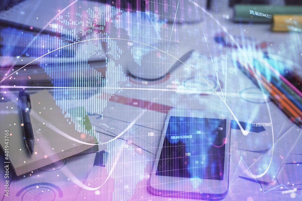 Double exposure of financial theme drawing and cell phone background. Concept of business Double exposure of financial theme drawing and cell phone background. Concept of business
