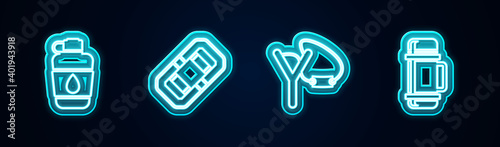 Set line Canteen water bottle, Rafting boat, Slingshot and Thermos container. Glowing neon icon. Vector.