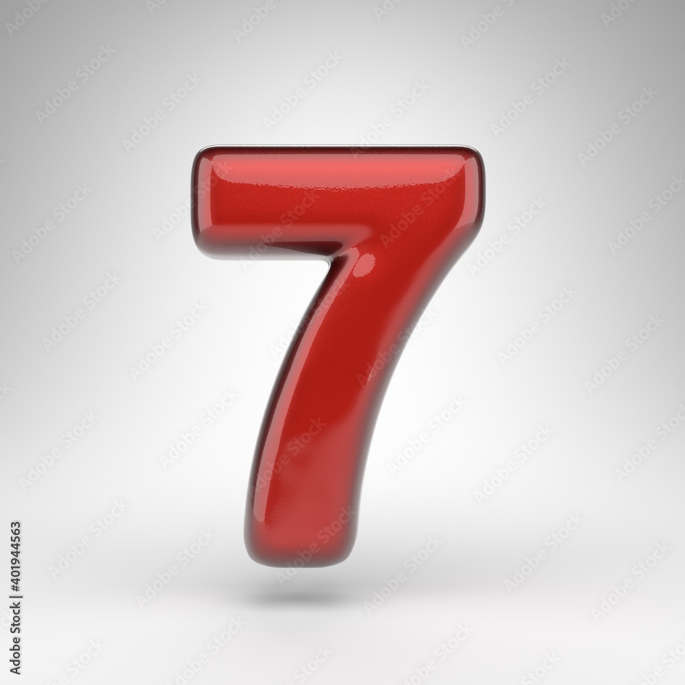 Number 7 on white background. Red car paint 3D number with glossy metallic surface. Number 7 on white background. Red car paint 3D number with glossy metallic surface.