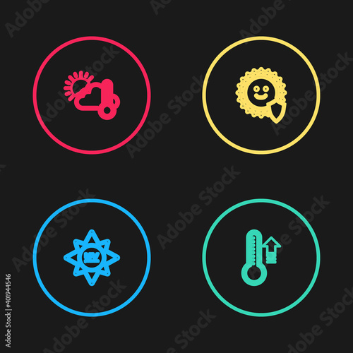 Set line UV protection, Meteorology thermometer, and Thermometer and cloud, sun icon. Vector.