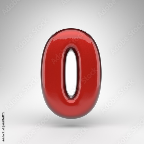 Number 0 on white background. Red car paint 3D number with glossy metallic surface.