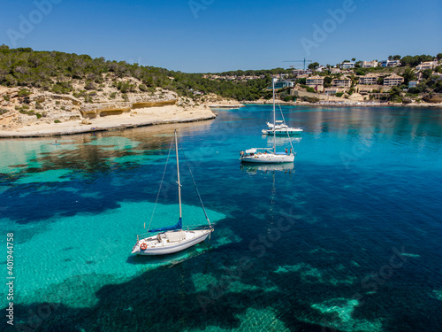 sailboat at anchor, Cala Portals Vells, Calvia, Mallorca, Balearic Islands, Spain