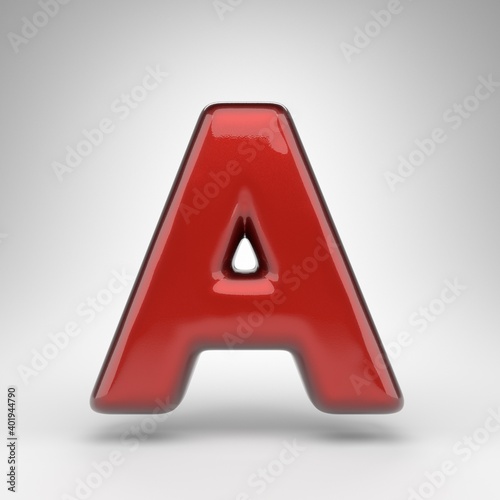 Letter A uppercase on white background. Red car paint 3D letter with glossy metallic surface.