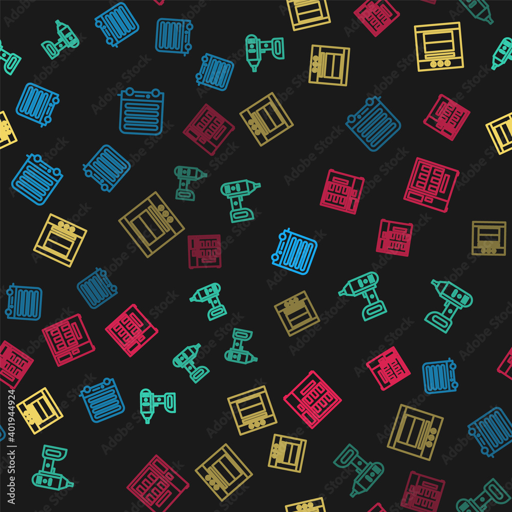 Fototapeta premium Set line Electric heater, cordless screwdriver, Oven and Vending machine on seamless pattern. Vector.