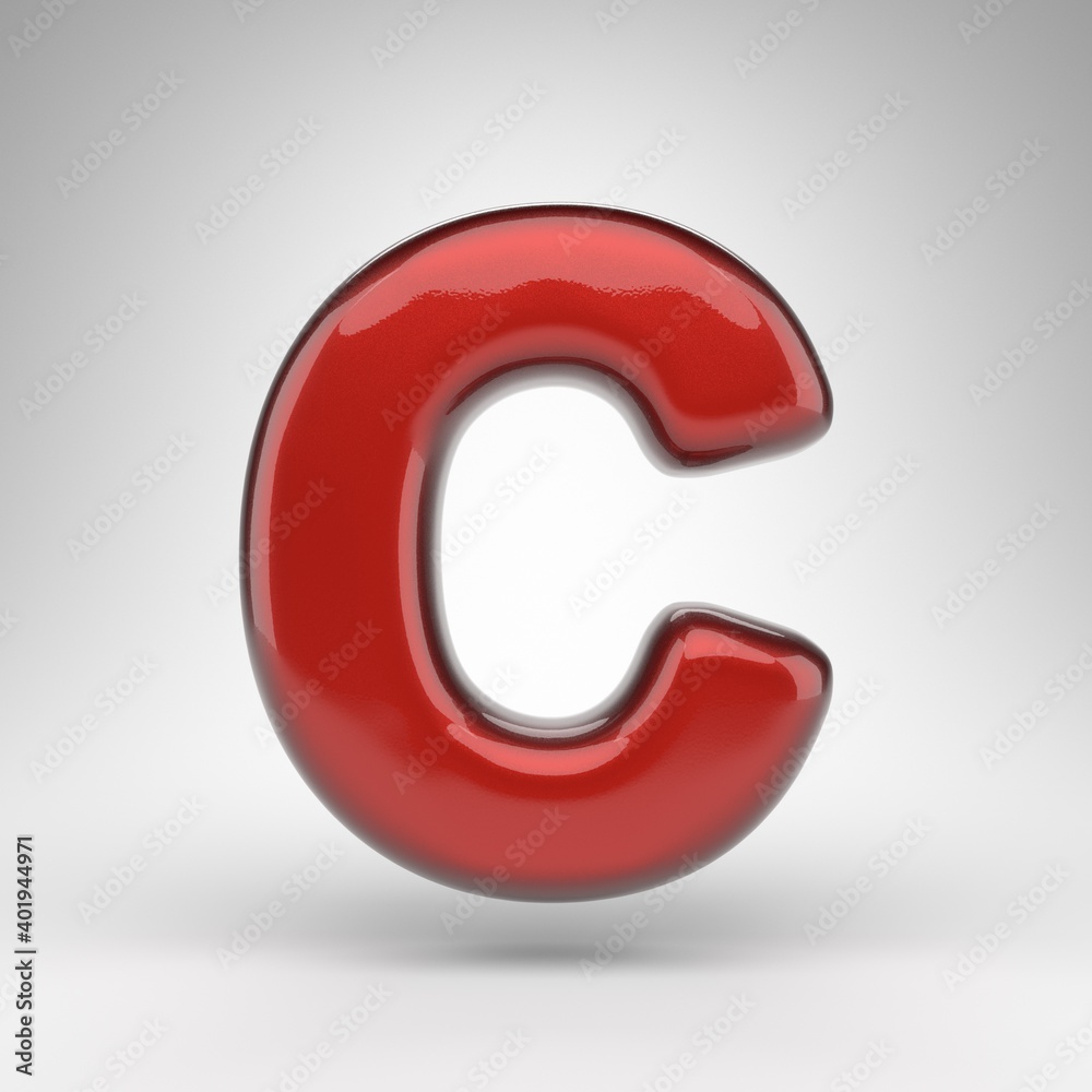Letter C uppercase on white background. Red car paint 3D letter with glossy metallic surface. Letter C uppercase on white background. Red car paint 3D letter with glossy metallic surface.