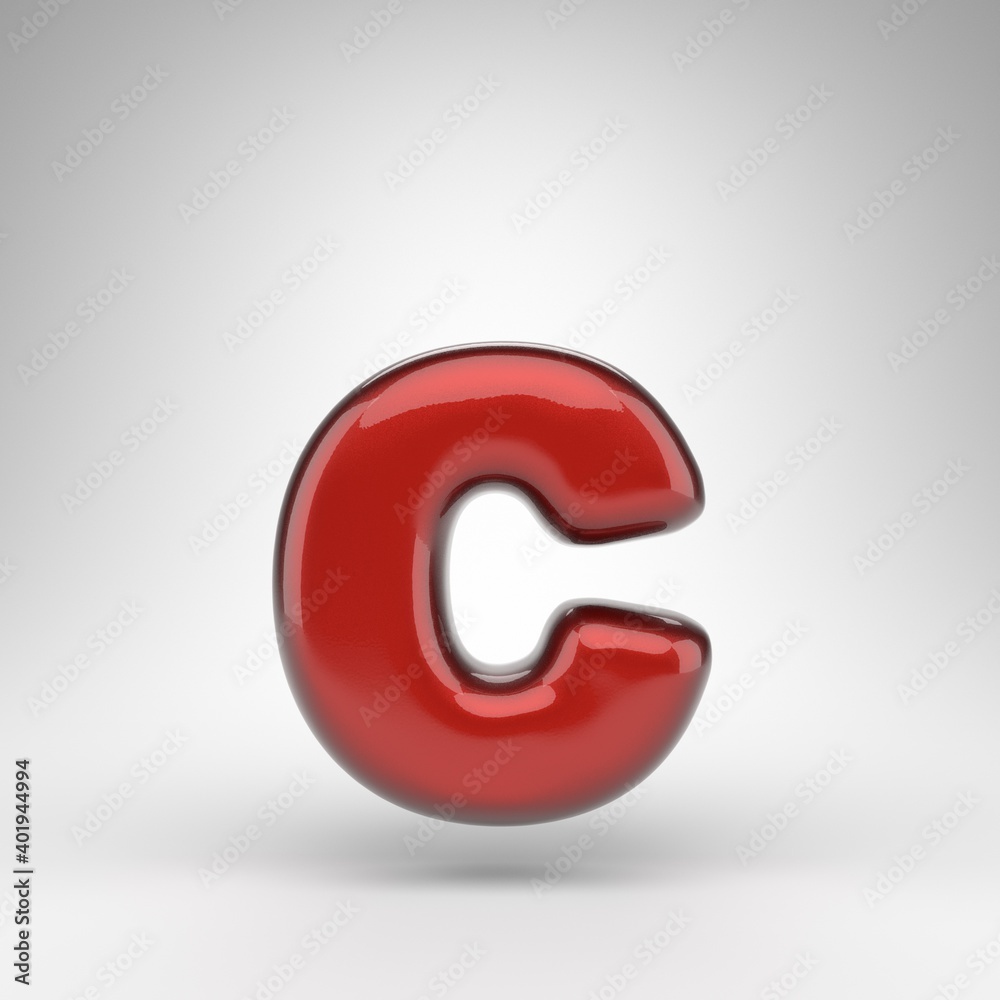 Letter C lowercase on white background. Red car paint 3D letter with glossy metallic surface. Letter C lowercase on white background. Red car paint 3D letter with glossy metallic surface.
