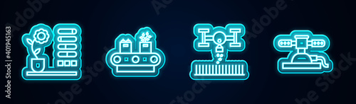Set line Flower status, Conveyor belt with box, Smart farm drone and Automatic irrigation sprinklers. Glowing neon icon. Vector.