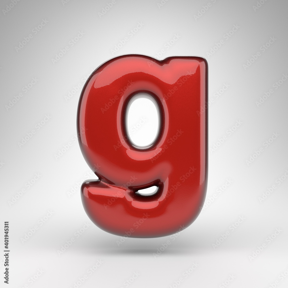 Letter G lowercase on white background. Red car paint 3D letter with glossy metallic surface. Letter G lowercase on white background. Red car paint 3D letter with glossy metallic surface.