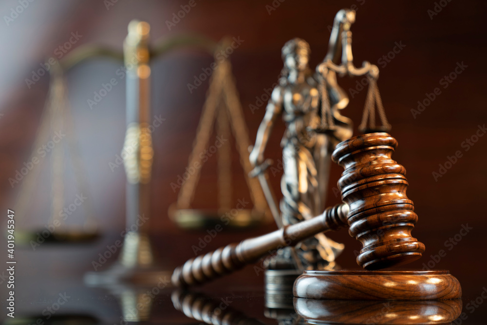 Law and justice concept. Law symbols composition: judge’s gavel, Themis statue and scale. Law and justice concept. Law symbols composition: judge’s gavel, Themis statue and scale.