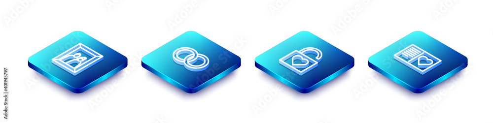 Obraz premium Set Isometric line Picture frame, Wedding rings, Lock and heart and Valentines day flyer with icon. Vector.