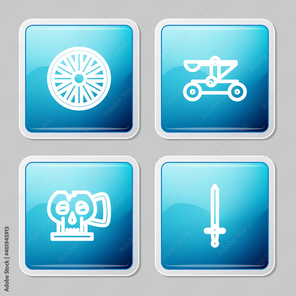 Set line Old wooden wheel, Catapult shooting stones, Cup from the skull and Medieval sword icon. Vector. Set line Old wooden wheel, Catapult shooting stones, Cup from the skull and Medieval sword icon. Vector.